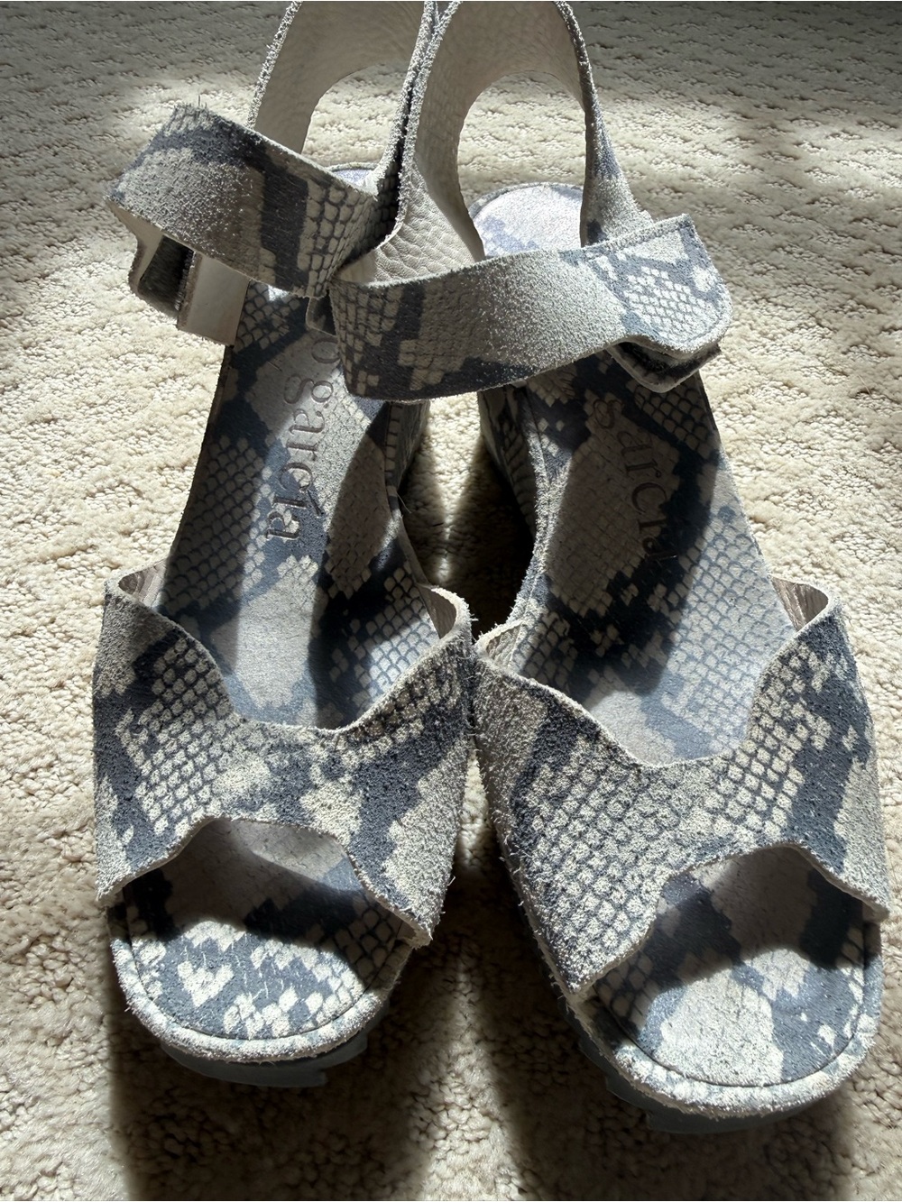 Pedro Garcia Gray Snake-Print Wedge Sandals with Ankle Strap
